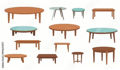 Table furniture vector set wooden glass plastic dining kitchen coffee tables illustration
