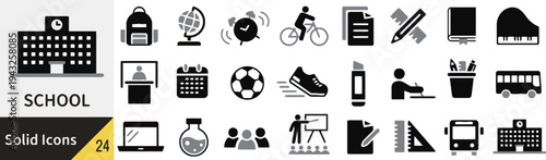 School icons solid set for education and student life themes