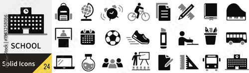 School icons solid set for education and student life themes