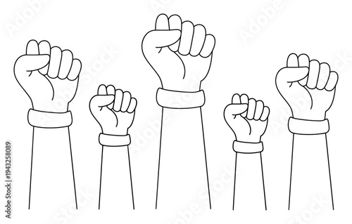 Five raised fists in a line, symbolizing unity and protest
