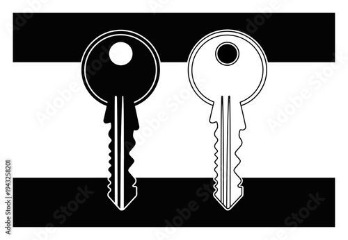 Two Keys, One Black and One White, Against a Striped Background