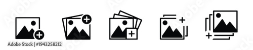 Set of add image icons for gallery or media album upload on white background