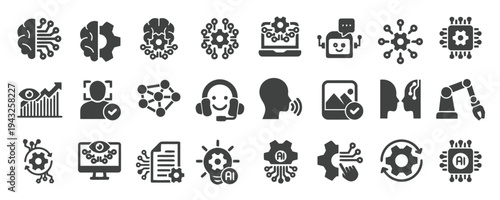 Set of artificial intelligence and technology icons with machine learning themes