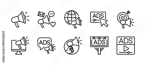 Set of advertising and marketing icons in outline and solid styles