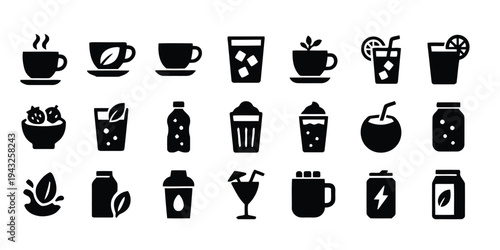 Set of beverage icons for drinks and refreshments in black silhouette style