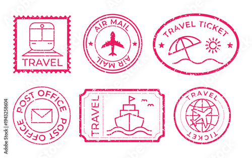 Vintage travel-themed stamp designs vector set