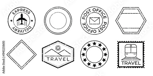 Vintage travel-themed stamp designs vector set