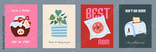 Set of Happy Mother's day greeting card with abstract floral, plant, donut, bread, doodle on background poster. Creative spring card template with typography text. Happy Women's Day illustration.