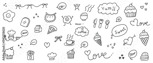 Collection of hand drawn food and kitchen doodles featuring dessert pastries coffee and fast food icons vector illustration design.
