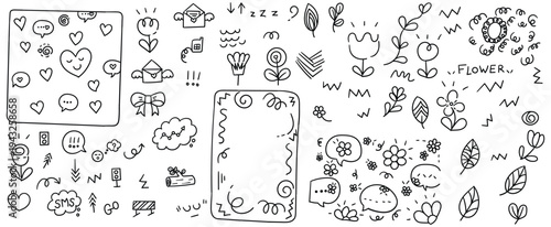 Hand drawn collection of nature and communication elements featuring hearts flowers and social media speech bubbles vector illustration design.