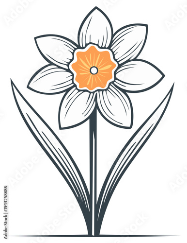 Stylized daffodil flower vector illustration with bold line art and orange center