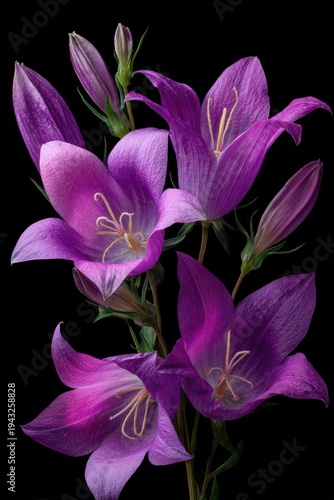 Captivating close-up of purple bellflowers in full bloom against a stark black backdrop, showcasing delicate petals and intricate stamen details, studio shot