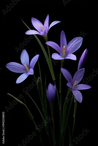 Purple Rain Lily Flowers Blooming on Black Background Studio Shot Close Up Elegant Still Life Floral Arrangement
