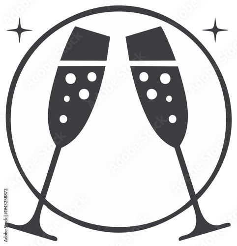Festive Toasts: Two Sparkling Champagne Flutes in a Stylish Circle, Celebrating Special Occasions with Black and White Elegance
