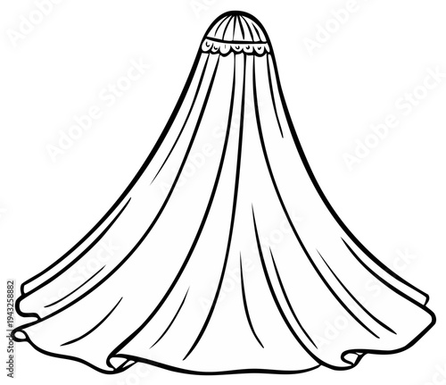 Elegant draped veil with decorative trim, simple line art drawing