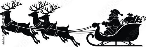 Santa claus riding sleigh pulled by reindeer on christmas eve