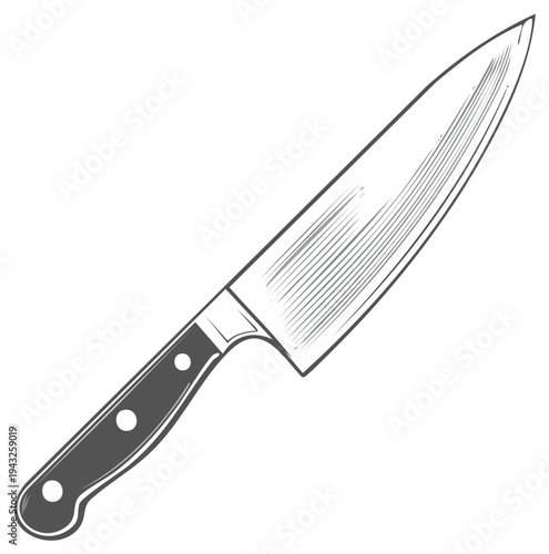 Sharp chef's knife illustration with engraving-style shading, kitchen tool for food preparation and culinary designs, black and white cooking vector.