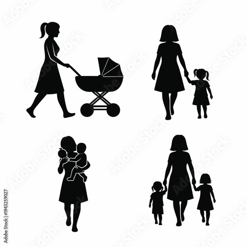 Mother and Children Silhouettes Set with Baby Stroller and Walking Kids Vector Icons