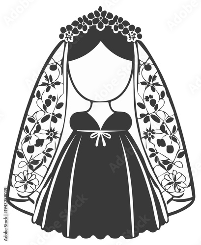 Silhouette illustration of a bride wearing a veil and floral crown, wedding day design