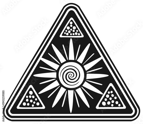 Stylized Sun in Triangle Shape Black and White Design Element Illustration