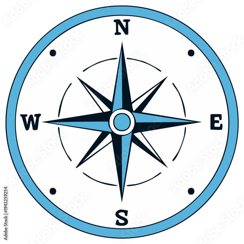 Classic Marine Compass with Blue Accents Showing North South East West Directions