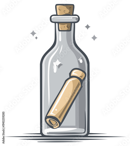 Cartoon illustration of a message in a bottle with a cork stopper, vector.