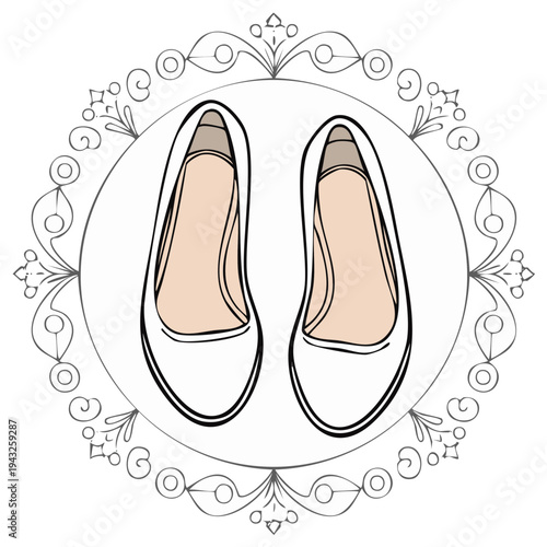 Elegant white ballet flats with light skin tone lining within a decorative circular frame creating a fashion symbol