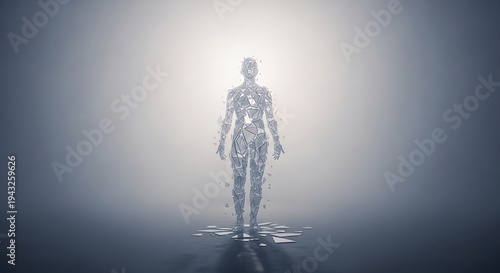 High Quality, Professional A disassembled woman in a beam of light with body parts breaking apart and falling down to pieces Stock Photo, AI Generated