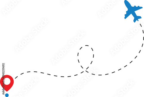 Airplane flight route dashed line path with start point, simple travel navigation trail icon