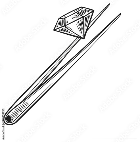 Handheld tweezers precisely holding a faceted gemstone, sketch style