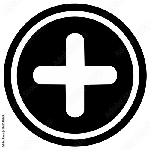 Simple white plus sign inside a black circle with white border, symbolizing addition or positive