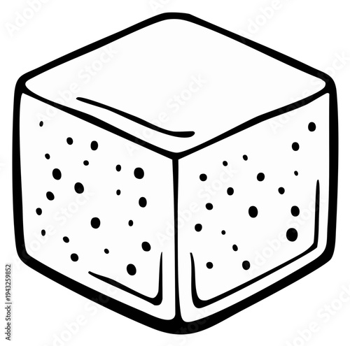 Square Cube Block Outlined Illustration with Dotted Texture, Geometric Solid Shape, Simple Design