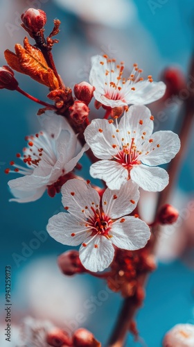 Close Up of Plum Blossoms Blooming in Springtime with Buds Against a Blue Sky Background Vertical Composition