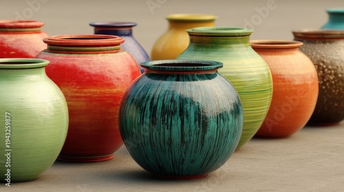 Colorful ceramic vases in a row, studio shot, eye-level view, showcasing texture and design, pottery art, interior decor, craft exhibition