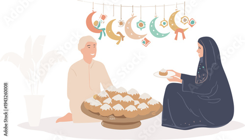 A Muslim family shares a traditional Ramadan iftar meal together at home