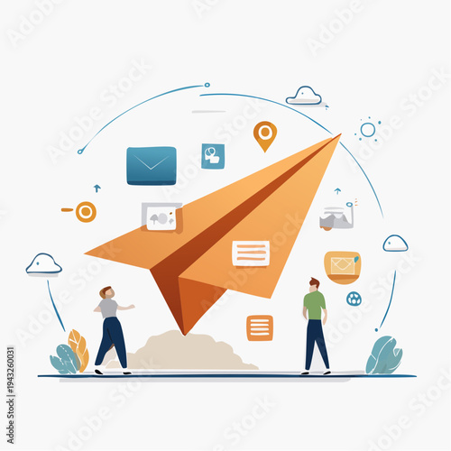 A modern flat Vector illustration of a giant paper airplane, made from geometric shapes, symbolizing digital communication, global reach, and innovative business