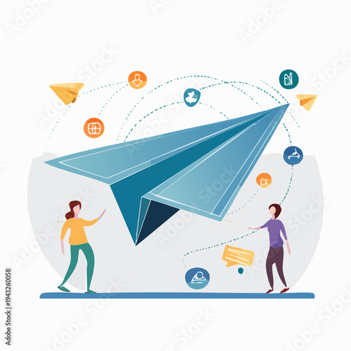 Modern Flat Vector Illustration of Global Communication and Networking. People Sending Messages via a Giant Paper Airplane. Digital Connection and Idea Sharing Concept