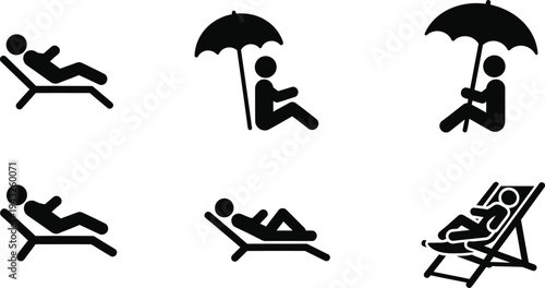 Black silhouette icons of people relaxing on beach chairs and under umbrellas