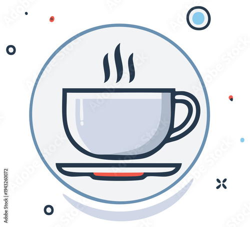 Steaming cup of coffee or tea illustration on saucer with circle, food and drink icon