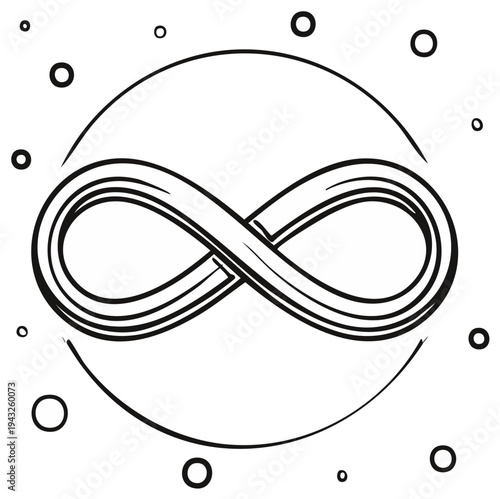 Infinity symbol inside a circle with surrounding dots, line art design