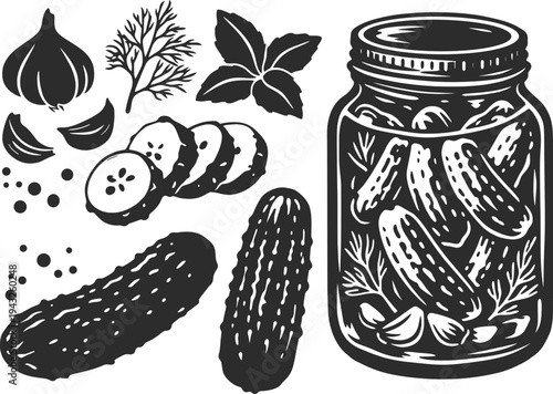 Pickled Cucumbers Jar Vintage Engraved Food Illustration.
