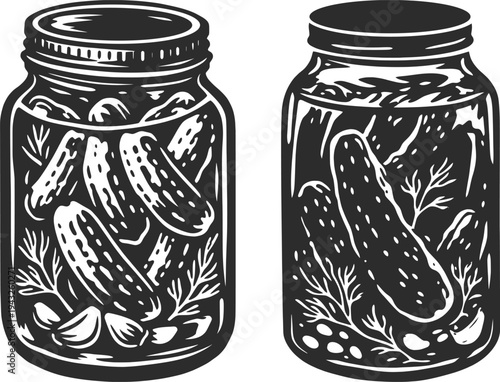 Pickle Jars with Cucumbers Vintage Engraved Food Illustration.
