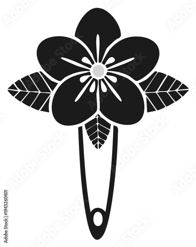 Floral brooch design in black and white silhouette