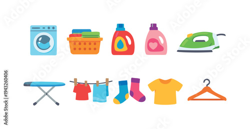 Set of colorful cartoon icons representing laundry and household chores with washing machine and iron