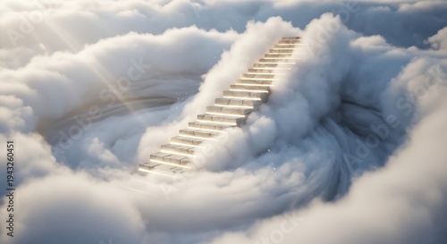 High Quality, Professional A staircase leads up through fluffy white clouds in the sky on a sunny day with blue sky Stock Photo, AI Generated