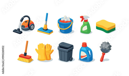 Set of cleaning supplies and tools for home and professional use