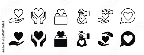 Set of charity and donation icons with hearts, hands, and donation box