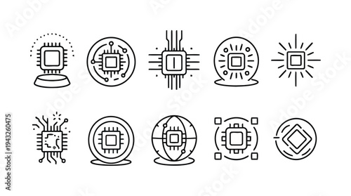 Set of computer processor icons and symbols for technology