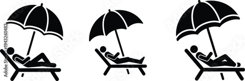 Three people relaxing on beach chairs with umbrellas