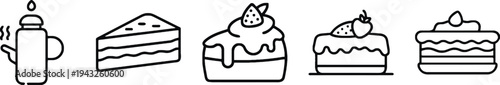 Set of food icons featuring a teapot, cake slice, whipped cream cake, strawberry cake, and layered cake slice